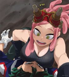Rule 34 | 1boy, 1girl, artist name, bare shoulders, boku no hero academia, breast smother, breasts, cleavage, determined, dreadlocks, english text, face to breasts, fallen down, gaston18, gloves, goggles, green eyes, green hair, hatsume mei, highres, horikoshi kouhei, large breasts, long hair, looking at another, looking down, lying, midoriya izuku, on back, open mouth, pink hair, serious, sleeveless, smile, smoke, speech bubble, symbol-shaped pupils, tank top, unusual pupils, yellow eyes