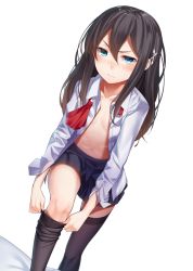 Rule 34 | 1girl, 3:, 3:&lt;, black hair, black thighhighs, blue eyes, blush, breasts, dressing, long hair, looking at viewer, navel, open clothes, open mouth, open shirt, original, ray-akila, ray littlechamber, revision, shirt, simple background, skirt, small breasts, solo, thighhighs, v-shaped eyebrows, white background