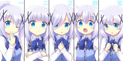 Rule 34 | 1girl, :d, alternate hair length, alternate hairstyle, blue eyes, blue neckwear, blue vest, blunt bangs, blush, bow, bowtie, commentary request, crossed arms, finger to mouth, go-toubun no hanayome, gochuumon wa usagi desu ka?, hair ornament, hair over one eye, kafuu chino, long hair, long sleeves, looking at viewer, multiple views, na! (na&#039;mr), open mouth, parody, pout, rabbit house uniform, shirt, silver hair, smile, vest, white shirt, x hair ornament
