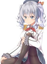 Rule 34 | 10s, 1girl, bad anatomy, bad proportions, beret, epaulettes, grey eyes, gurande (g-size), hat, highres, kantai collection, kashima (kancolle), long hair, military, military uniform, panties, panties under pantyhose, pantyhose, poorly drawn, silver hair, solo, striped clothes, striped panties, thighband pantyhose, twintails, underwear, uniform