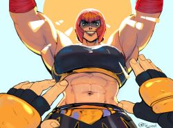 Rule 34 | 1boy, 1girl, abs, arms up, biceps, black sports bra, breasts, commentary, english commentary, fingerless gloves, girl on top, gloves, green eyes, grin, highres, large breasts, looking at viewer, luke sullivan, marisa (street fighter), muscular, muscular female, navel, pov, rape face, red hair, relusionh, short hair, smile, sports bra, straddling, street fighter, street fighter 6, toned, you gonna get raped