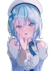Rule 34 | 1girl, bang dream!, barikuro, beret, blue coat, blue eyes, blue hair, blue ribbon, blush, braid, breasts, buttons, center frills, cleavage, cleavage cutout, clothing cutout, coat, commentary request, cosplay, flower, frills, fur-trimmed coat, fur trim, hair flower, hair ornament, hat, highres, hololive, kurata mashiro, looking at viewer, medium breasts, multicolored hair, off-shoulder coat, off shoulder, official alternate costume, open mouth, ribbon, shirt, simple background, sleeveless, sleeveless shirt, solo, streaked hair, upper body, virtual youtuber, whispering, white background, white hair, white hat, yukihana lamy, yukihana lamy (cosplay)