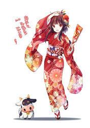 Rule 34 | 1girl, animal costume, arm up, bell, black cat, blunt bangs, blush, brown hair, cat, chinese zodiac, chomusuke, collar, commentary, cow costume, cowbell, dated, feathers, floral print, flower, foot up, furisode, geta, hair flower, hair ornament, holding, holding paddle, japanese clothes, kimono, kono subarashii sekai ni shukufuku wo!, megumin, neck bell, nengajou, new year, obi, obijime, open mouth, paddle, red collar, red eyes, red flower, red kimono, sash, shadow, short hair, short hair with long locks, simple background, smile, solo, tabi, translated, watari shinji, white background, year of the ox