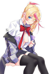 Rule 34 | 1girl, akira miku ver, belt, black belt, black thighhighs, blonde hair, blue eyes, blush, bow, bowtie, breasts, cleavage, collared shirt, dress shirt, eyes visible through hair, grey skirt, hair over one eye, highres, invisible chair, long hair, looking at viewer, medium breasts, miniskirt, multicolored hair, open clothes, open shirt, original, plaid, plaid skirt, pleated skirt, ponytail, red bow, red bowtie, red hair, school uniform, shirt, simple background, sitting, skirt, smile, solo, thighhighs, two-tone hair, white background, white shirt, wing collar, zettai ryouiki