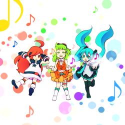 Rule 34 | 3girls, aqua eyes, aqua hair, boots, colored eyelashes, cuffs, detached sleeves, dots, dress, eyelashes, gloves, goggles, goggles on head, green eyes, green hair, gumi, hatsune miku, long hair, multiple girls, musical note, one eye closed, orange skirt, red eyes, red hair, sakon, sf-a2 miki, short hair, skirt, socks, staccato (vocaloid), striped clothes, striped legwear, striped socks, thighhighs, vocaloid, wink