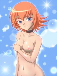 Rule 34 | 1girl, bakugan, bakugan new vestroia, blue eyes, blush, breasts, choker, collarbone, covering privates, covering breasts, groin, highres, mira fermin, navel, nipples, nude, nude cover, orange hair, short hair, smile, solo, sparkle, standing, takappe