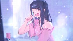 Rule 34 | 1girl, absurdres, bare shoulders, bathroom, bathtub, black hair, breasts, brushing teeth, collarbone, dated, dot nose, highres, holding, holding toothbrush, jill stingray, off shoulder, one eye closed, open mouth, parted bangs, pink shirt, red eyes, rnna, shirt, short sleeves, shower curtain, sidelocks, signature, sleepy, small breasts, solo, tile wall, tiles, toothbrush, twintails, upper body, va-11 hall-a