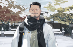 Rule 34 | 1boy, absurdres, bag, bara, beard, black eyes, black hair, black scarf, breath, chen ling, coat, cold, facial hair, grey shirt, highres, looking at viewer, male focus, mustache, original, outdoors, scarf, shirt, shoulder bag, smile, snow, snowing, solo, tree, upper body, white coat, winter, winter clothes, winter coat