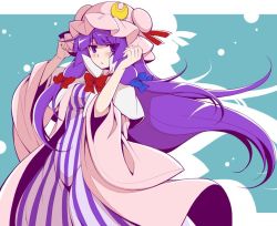 Rule 34 | 1girl, blue bow, blush, bow, commentary request, crescent, eichi yuu, hair bow, hat, hat ribbon, long hair, mob cap, open mouth, patchouli knowledge, purple eyes, purple hair, red bow, red ribbon, ribbon, solo, striped, touhou, very long hair