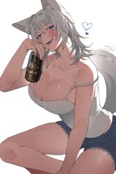 Rule 34 | 1girl, animal ear fluff, animal ears, bare shoulders, beer can, blush, breasts, can, cleavage, denim, denim shorts, drink can, heart, highres, holding, holding can, large breasts, looking at viewer, lvemhrd, medium hair, original, short shorts, shorts, sitting, solo, tail, tank top, thighs, white tank top, wolf ears, wolf girl, wolf tail