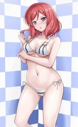Rule 34 | 1girl, arm under breasts, bare arms, bare shoulders, bikini, blue background, blush, breasts, cleavage, collarbone, gluteal fold, hand up, highres, looking at viewer, love live!, love live! school idol project, md5 mismatch, medium breasts, medium hair, navel, nishikino maki, parted lips, playing with own hair, purple eyes, r-binon, red hair, resolution mismatch, revision, side-tie bikini bottom, sidelocks, solo, source smaller, standing, stomach, string bikini, striped bikini, striped clothes, sweatdrop, swimsuit, thighs, tile wall, tiles, white bikini