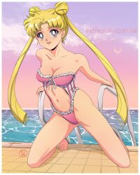 Rule 34 | absurdres, alternate eye color, bishoujo senshi sailor moon, blonde hair, clothing cutout, earrings, frilled one-piece swimsuit, frills, fritz willie, hair bun, highres, jewelry, long hair, looking at viewer, midriff, navel, one-piece swimsuit, pink eyes, pool, smile, stomach cutout, stud earrings, swimsuit, toei animation, tsukino usagi, twintails