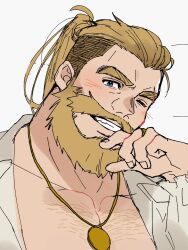 Rule 34 | 1boy, beard, bergamond (crave saga), blush, chest hair, collared shirt, crave saga, eyebrow cut, facial hair, gold necklace, hand on own face, head tilt, high ponytail, highres, jewelry, light brown hair, long hair, male focus, mature male, mustache, necklace, one eye closed, open clothes, open shirt, pectoral cleavage, pectorals, shirt, solo, thick eyebrows, thick mustache, unfinished, upper body, usuki (usukine1go)
