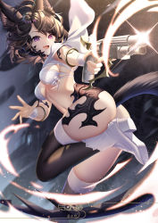 Rule 34 | 1girl, :d, absurdres, animal ear fluff, animal ears, armband, ass, au ra, warrior of light (ff14), black thighhighs, boots, bottomless, breasts, brown hair, cape, chinese text, commentary request, dragon horns, eyebrows, eyelashes, fang, final fantasy, final fantasy xiv, full body, gun, high heel boots, high heels, highres, holding, holding gun, holding weapon, horns, knee up, looking back, medium breasts, navel, open mouth, parted bangs, purple eyes, scales, skin fang, smile, solo, sparkle, standing, standing on one leg, tachi-e, tail, thighhighs, thighs, underboob, weapon, white footwear, wolf ears, wolf tail, wristband, yue xiao e