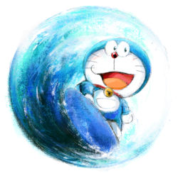 Rule 34 | 1boy, bell, blue eyes, cat, collar, commentary request, doraemon, doraemon (character), jingle bell, male focus, mochizuki tagosaku, no ears, open mouth, pouch, robot, simple background, solo, surfing, whiskers, white background