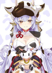 Rule 34 | 1girl, akisome hatsuka, animal, animal ears, animal print, blue hair, blunt bangs, breasts, catura (granblue fantasy), cleavage, clenched teeth, commentary request, cow, cow ears, cow hat, cow print, cow print sleeves, detached sleeves, draph, earrings, granblue fantasy, holding, holding animal, jewelry, large breasts, long hair, looking at viewer, see-through, sitting, smile, solo, teeth, thighhighs, white thighhighs