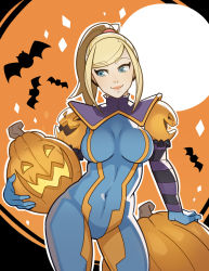 Rule 34 | 1girl, adapted costume, arm support, bat (animal), blonde hair, blue bodysuit, blue eyes, bodysuit, breasts, breasts apart, closed mouth, contrapposto, covered navel, cowboy shot, detached collar, diamond (shape), eyebrows, frills, full moon, gloves, hair tie, halloween, high ponytail, highres, holding, jack-o&#039;-lantern, light smile, lips, looking to the side, medium breasts, metroid, moon, multicolored clothes, nintendo, orange background, outline, ponytail, pumpkin, samus aran, sidelocks, simple background, skin tight, smile, solo, splashbrush, standing, striped, swept bangs, thigh gap, turtleneck, zero suit