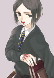 Rule 34 | 1boy, bad id, bad pixiv id, black eyes, black hair, bob cut, book, command spell, fate/zero, fate (series), male focus, necktie, open mouth, parted bangs, pypyxx, short hair, simple background, solo, waver velvet