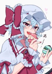 Rule 34 | 1girl, absurdres, blue hair, bow, eating, eyes visible through hair, food, hair between eyes, hat, heart, highres, himadera, holding, mint chocolate, mob cap, nail polish, open mouth, pastry, red bow, red nails, remilia scarlet, simple background, solo, touhou, white background