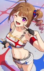 Rule 34 | 1girl, breasts, brown hair, cleavage, fingerless gloves, gloves, highres, idolmaster, idolmaster million live!, idolmaster million live! theater days, kamille (vcx68), looking at viewer, lower teeth only, medium breasts, midriff, one side up, open mouth, purple eyes, sidetail, smile, solo, star piece dreamer, teeth, v, yokoyama nao