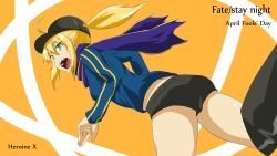 Rule 34 | 1girl, ahoge, artoria pendragon (fate), ass, baseball cap, blonde hair, blue scarf, coolon, copyright name, fate/stay night, fate (series), green eyes, hat, highres, jacket, mysterious heroine x (fate), orange background, ponytail, rojiura satsuki: capter heroine sanctuary, rojiura satsuki : chapter heroine sanctuary, saber (fate), scarf, shorts, solo, track jacket