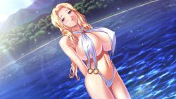 Rule 34 | 10s, 1girl, :o, arms behind back, blonde hair, blush, breasts, brooch, cleavage, cloud, covered erect nipples, cowboy shot, criss-cross halter, day, dutch angle, game cg, gem, halterneck, huge breasts, jewelry, kyonyuu fantasy, kyonyuu fantasy 2, kyonyuu fantasy 2 if, lens flare, light rays, lipstick, long hair, looking at viewer, makeup, mountain, nadine (kyonyuu fantasy), navel, o-ring, o-ring bottom, one-piece swimsuit, open mouth, outdoors, purple eyes, q-gaku, sideboob, sky, slingshot swimsuit, solo, standing, sunbeam, sunlight, swimsuit, tree, very long hair, water, wavy hair, wet, white one-piece swimsuit