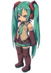 Rule 34 | 1girl, black footwear, black skirt, black thighhighs, boots, detached sleeves, feral lemma, full body, green eyes, green hair, green necktie, hatsune miku, headphones, headset, highres, long hair, necktie, pleated skirt, simple background, skirt, solo, standing, thigh boots, thighhighs, twintails, very long hair, vocaloid, white background, zettai ryouiki