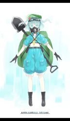 Rule 34 | 1girl, backpack, bag, belt, boots, character name, gas mask, glasses, green hat, hair ornament, hat, highres, kawashiro nitori, key, letterboxed, mask, o (crazyoton46), pocket, puffy short sleeves, puffy sleeves, short sleeves, shovel, solo, touhou, two side up