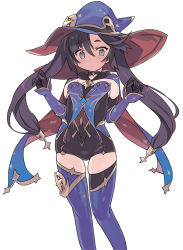 Rule 34 | 1girl, aqua eyes, black choker, black hair, blade (galaxist), blue thighhighs, blush, boots, breasts, cape, choker, commentary request, duplicate, genshin impact, gloves, hat, hat ornament, long hair, looking at viewer, mona (genshin impact), mona (pact of stars and moon) (genshin impact), pixel-perfect duplicate, simple background, small breasts, solo, star (symbol), star choker, star hat ornament, star print, thigh boots, thighhighs, twintails, white background, witch hat