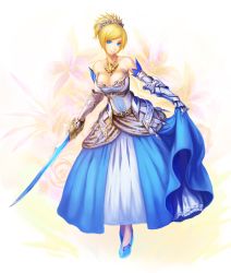 Rule 34 | 1girl, a line gown, armor, armored dress, bare shoulders, blonde hair, blue dress, blue eyes, blue footwear, breasts, cleavage, dress, floral background, flower, full body, gown, hair ornament, hair up, jewelry, large breasts, crossed legs, necklace, original, parted lips, shoes, short hair, solo, standing, strapless, strapless dress, sword, weapon, wolfedge