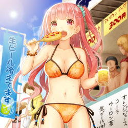 Rule 34 | 2boys, 3girls, bandana, blue sky, blurry, bracelet, breasts, cleavage, collarbone, corn dog, cowboy shot, day, depth of field, drink, eating, glass, hidden eyes, jewelry, long hair, medium breasts, multiple boys, multiple girls, muscular, nakahara (fukufuku), navel, open mouth, original, outdoors, pink hair, red eyes, topless male, side ponytail, sign, sky, solo focus, standing, sun, sunlight, sweat