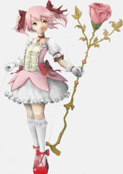 Rule 34 | 10s, 1girl, bow, bow (weapon), flower, hair bow, highres, kaname madoka, magical girl, mahou shoujo madoka magica, mahou shoujo madoka magica (anime), pink eyes, pink flower, pink hair, pink rose, rose, shoes, short hair, smile, solo, twintails, weapon
