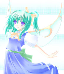 Rule 34 | 1girl, blue dress, blue eyes, bow, daiyousei, dress, female focus, green hair, hair bow, neck ribbon, open mouth, outstretched arms, ribbon, shirotsuki kouta, side ponytail, smile, solo, embodiment of scarlet devil, touhou, wings