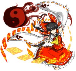 Rule 34 | 1girl, alternate eye color, ascot, bad id, bad pixiv id, between fingers, black hair, bow, brown eyes, collar, detached sleeves, fire, fire, frilled bow, frilled collar, frilled shirt collar, frilled skirt, frills, full body, hair tubes, hakurei reimu, hand up, highres, holding, kankan33333, long skirt, looking at viewer, nontraditional miko, outstretched arm, ponytail, red shirt, red skirt, ribbon-trimmed headwear, ribbon-trimmed skirt, ribbon-trimmed sleeves, ribbon trim, shirt, short hair, simple background, skirt, smile, solo, talismans, touhou, white background, yin yang