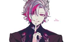 Rule 34 | 1boy, absurdres, black jacket, ear piercing, earrings, fuwa minato, glint, grey hair, hair between eyes, hand up, highres, index finger raised, jacket, jewelry, looking at viewer, male focus, multicolored hair, nijisanji, parted lips, piercing, red eyes, red hair, ring, signature, simple background, smile, sofra, solo, streaked hair, twitter username, upper body, virtual youtuber, white background