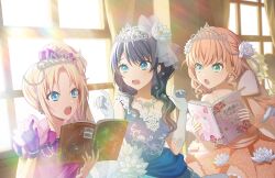 Rule 34 | 3girls, :o, blue dress, blurry, blurry background, book, bow, cup, dress, dress bow, dress flower, earrings, elbow gloves, flower, game cg, gloves, hair bow, hair flower, hair ornament, high side ponytail, highres, hinoshita kaho, holding, holding book, jewelry, lace, lace-trimmed dress, lace trim, link! like! love live!, long hair, love live!, medium hair, multiple girls, murano sayaka, music, necklace, official art, open book, orange dress, orange hair, orange wrist cuffs, osawa rurino, princess, purple bow, purple dress, purple gloves, raised eyebrows, shade, sidelocks, singing, single-shoulder dress, third-party source, tiara, wavy hair, white flower, white gloves, white tiara, worried, wrist cuffs