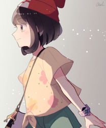 Rule 34 | 1girl, bad id, bad twitter id, bag, beanie, blush, bracelet, brown hair, closed mouth, creatures (company), floral print, from side, game freak, green shorts, hat, highres, jewelry, nintendo, pokemon, pokemon sm, red hat, selene (pokemon), shirt, short sleeves, shorts, shoulder bag, signature, solo, t-shirt, tere asahi, tied shirt, z-ring