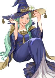 Rule 34 | 1girl, fire emblem, fire emblem: three houses, fire emblem heroes, flower, green eyes, green hair, halloween, halloween costume, hat, highres, long hair, nintendo, official alternate costume, rhea (fire emblem), rhea (halloween) (fire emblem), sawarame, smile, solo, teeth, upper teeth only, white flower, witch, witch hat