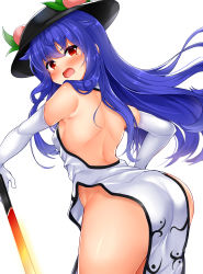 Rule 34 | 1girl, alternate costume, ass, back, backless dress, backless outfit, blue hair, blush, breasts, commentary request, daichi (tokoya), dress, elbow gloves, food, from behind, fruit, gloves, hair between eyes, hat, highres, hinanawi tenshi, leaf, long hair, looking at viewer, no panties, open mouth, peach, red eyes, simple background, small breasts, solo, sword of hisou, touhou, white background, white dress, white gloves