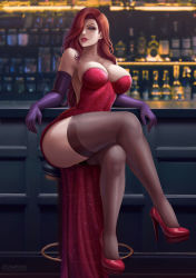 Rule 34 | 1girl, backless dress, backless outfit, bar stool, bare shoulders, blurry, breasts, cleavage, curvy, depth of field, dress, elbow gloves, eyeshadow, female focus, flowerxl, gloves, green eyes, high heels, indoors, jessica rabbit, legs, crossed legs, lipstick, long hair, looking at viewer, makeup, mascara, medium breasts, no bra, parted lips, purple gloves, red dress, red footwear, red hair, red heels, red lips, revealing clothes, shoes, side slit, sitting, solo, stiletto heels, stool, strapless, strapless dress, thick thighs, thighhighs, thighs, who framed roger rabbit