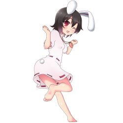 Rule 34 | 1girl, absurdres, bad id, bad pixiv id, barefoot, blush, carrot, feet, female focus, full body, highres, inaba tewi, nase, one eye closed, open mouth, smile, solo, touhou, transparent background, wink