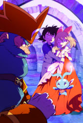 Rule 34 | 1girl, 2boys, 3orochi, ash ketchum, beard, black eyes, black hair, blouse, blue eyes, blue hair, brown hair, buckle, clenched hand, creatures (company), dress, eye contact, facial hair, game freak, gen 4 pokemon, grin, hat, highres, holding hands, indoors, legendary pokemon, long beard, looking at another, manaphy, may (pokemon), multiple boys, mythical pokemon, nintendo, one eye closed, open mouth, pirate, pirate hat, pokemon, pokemon (anime), pokemon (creature), pokemon ranger and the temple of the sea, pokemon rse (anime), puffy short sleeves, puffy sleeves, red ribbon, red scarf, ribbon, scarf, shirt, short hair, short sleeves, smile, spiked hair, the phantom, tuxedo, white shirt