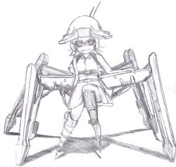 Rule 34 | 1girl, antennae, arm behind back, arm support, belt, command and conquer: red alert 2, dress, drill, fangs, full body, greyscale, hair between eyes, helmet, looking at viewer, medium hair, monochrome, naihebridge, no pupils, open mouth, personification, shaded face, shadow, solo, straight-on, terror drone (command &amp; conquer: red alert 2), white background, wing collar