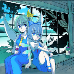 Rule 34 | 2girls, blue eyes, blue hair, bow, breasts, cirno, cup, daiyousei, drinking glass, green hair, hair bow, highres, kuronekokan monpetit, mary janes, medium breasts, multiple girls, shoes, short hair, side ponytail, touhou, wine glass, wings