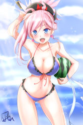 Rule 34 | 1girl, bikini, blue eyes, blush, breasts, cleavage, earrings, fate/grand order, fate (series), food, front-tie top, fruit, highres, jewelry, large breasts, leaning forward, long hair, looking at viewer, miyamoto musashi (fate), nagishy, navel, open mouth, pink hair, ponytail, purple bikini, signature, smile, solo, sparkle, standing, swimsuit, watermelon