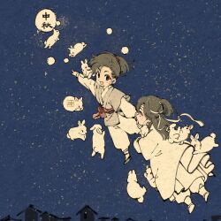 2boys banbi chibi child chinese_clothes flying hanfu koyasuyasuko12 lan_wangji modao_zushi multiple_boys night outdoors rabbit sky wei_wuxian