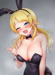 Rule 34 | ahoge, animal ears, bare shoulders, blonde hair, blue eyes, blush, bow, bowtie, breasts, cleavage, collarbone, covered navel, detached collar, fake animal ears, fake tail, greenteamousou, hachimiya meguru, hair ornament, hairclip, half-closed eyes, highres, idolmaster, idolmaster shiny colors, large breasts, laughing, leaning to the side, leotard, one eye closed, open mouth, pantyhose, playboy bunny, rabbit ears, rabbit tail, simple background, smile, steam, swept bangs, tail, traditional bowtie, upper body, wrist cuffs