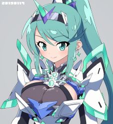 Rule 34 | 1girl, aqua eyes, aqua hair, bodysuit, breasts, character name, cleavage, closed mouth, dated, earrings, enotou (enotou moi), grey background, hairband, impossible clothes, jewelry, large breasts, looking at viewer, matching hair/eyes, nintendo, pneuma (xenoblade), ponytail, sidelocks, simple background, smile, solo, spoilers, upper body, xenoblade chronicles (series), xenoblade chronicles 2