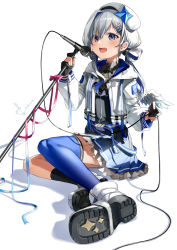 Rule 34 | 1girl, absurdres, amane kanata, amane kanata (work), angel wings, asymmetrical legwear, belt, beret, black gloves, black skirt, black socks, blue belt, blue hair, blue ribbon, blue thighhighs, blush, boots, cable, commentary, fingerless gloves, flat chest, full body, gloves, grey shirt, hair between eyes, hair ornament, hairclip, hat, highres, holding, holding microphone stand, hololive, hood, hooded jacket, jacket, kito koruta, medium hair, microphone, microphone stand, miniskirt, mismatched legwear, multicolored hair, off shoulder, official alternate costume, open clothes, open jacket, open mouth, pink hair, pink ribbon, pleated skirt, purple eyes, ribbed shirt, ribbon, shadow, shirt, signature, silver hair, simple background, single thighhigh, skirt, smile, socks, soles, solo, streaked hair, thighhighs, turtleneck, twintails, uneven legwear, virtual youtuber, white background, white footwear, white hat, white jacket, wings