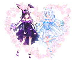 Rule 34 | 2girls, :d, absurdres, animal ears, bad id, bad pixiv id, bare shoulders, black hair, blue eyes, blue flower, blue nails, bouquet, braid, breasts, cleavage, collarbone, commission, dress, eyepatch, floral background, flower, hair flower, hair ornament, heart, high heels, highres, holding, holding bouquet, holding hands, long hair, mamel 27, medium breasts, multiple girls, nail polish, off-shoulder dress, off shoulder, open mouth, original, pink flower, pink rose, pleated dress, purple eyes, purple flower, purple footwear, purple nails, rabbit ears, rose, see-through, shoes, simple background, smile, standing, standing on one leg, strapless, strapless dress, very long hair, white background, white dress, white flower, white footwear, white hair
